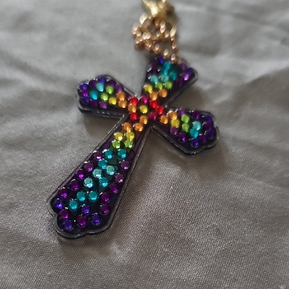 Colorful Rhinestone Cross Keychain with Gold Chain - Picture 3 of 4